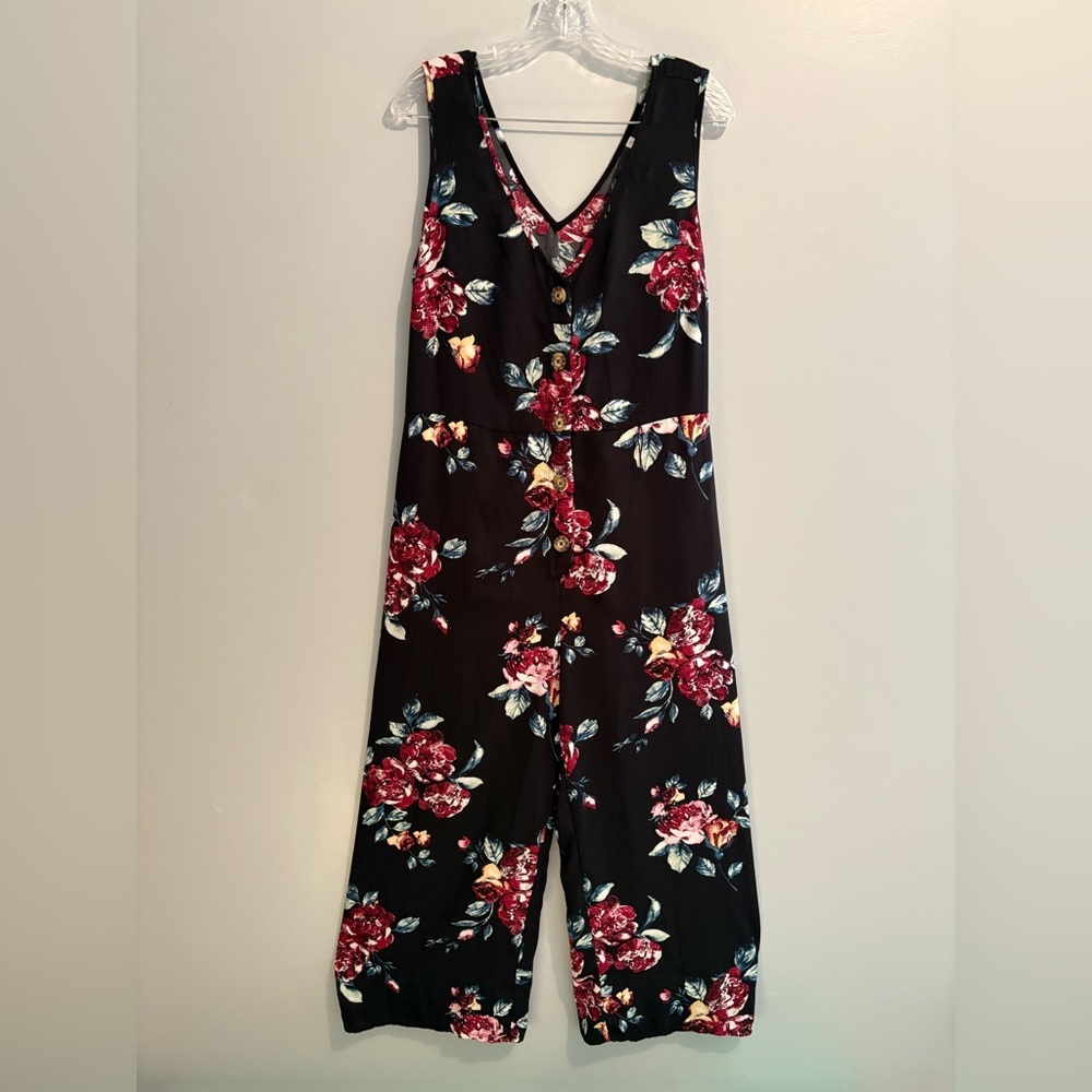 Xhilaration Women's Jumpsuit Large Floral Black Sleeveless V-Neck Button Front - Picture 3 of 16